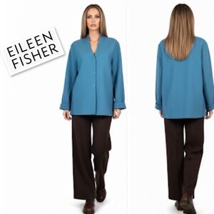 Eileen Fisher Boiled 100% Wool With Knit Panels Jacket Cardigan Light Blue Sz L
